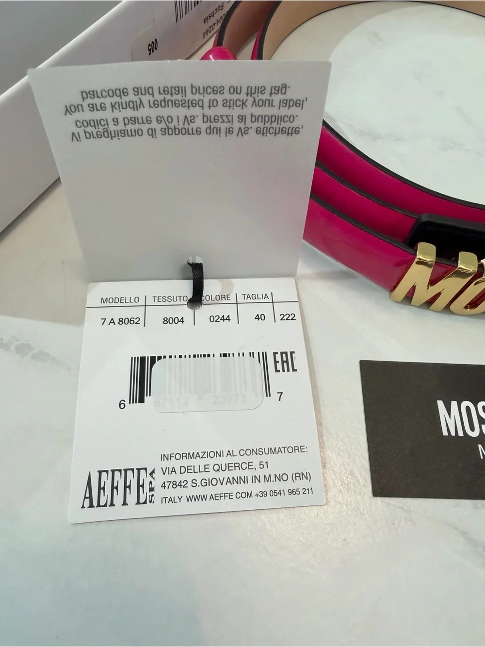 Moschino Fuchsia Pink Patent Leather Belt with Gold Logo Buckle Size 80 Small